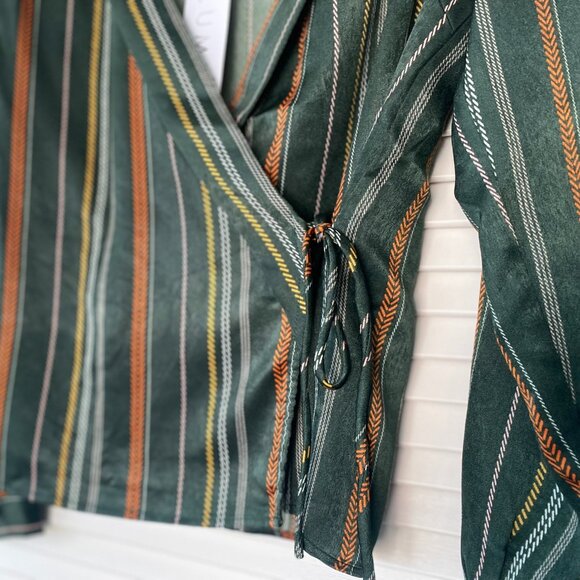 NWT Lumiere Satin Wrap V-Neck Top, Green Rust Yellow White Striped, Size S - Picture 3 of 8